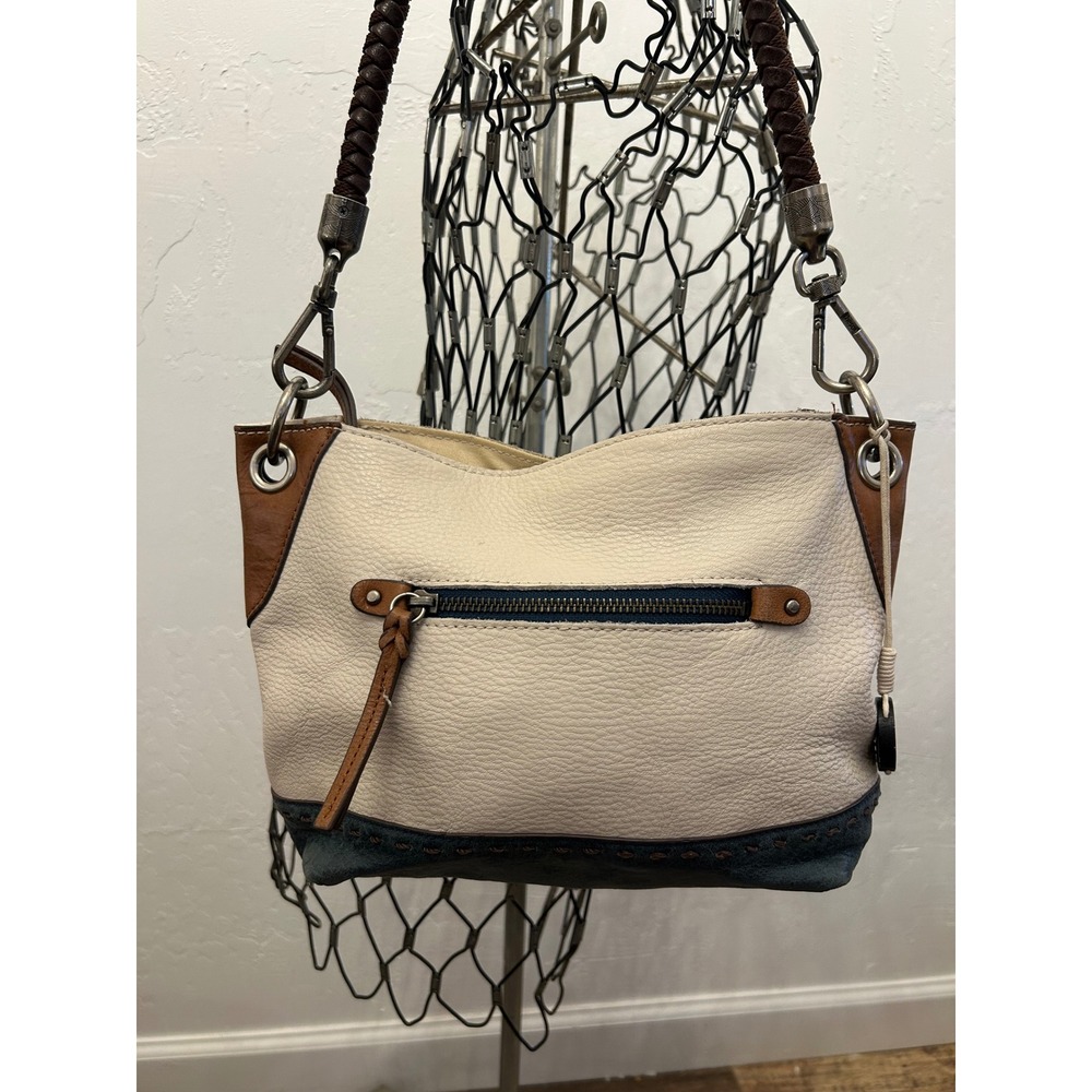 The Sak Tri-Color Leather Hobo Bag Cream Tan Blue Whipstitch Braided Strap